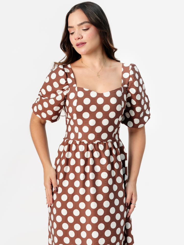 VESTIDO LARGO CON ESCOTE CORAZON FIORELLA CHOCOLATE POLKA DOTS