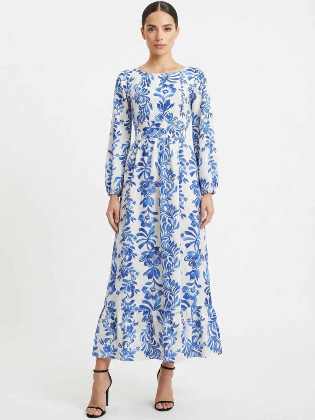 VESTIDO MANGA LARGA CON CUELLO OJAL Y LAZO GIANI PERLA / AZULINO