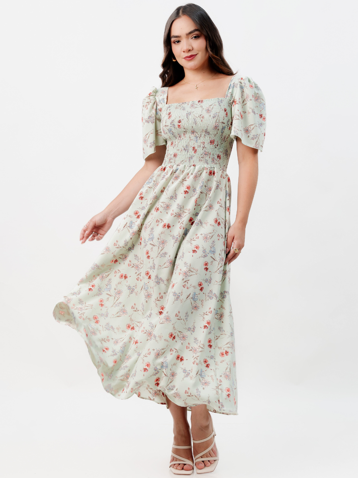 VESTIDO CASUAL LARGO LUCRECIA VERDE FLOREADO