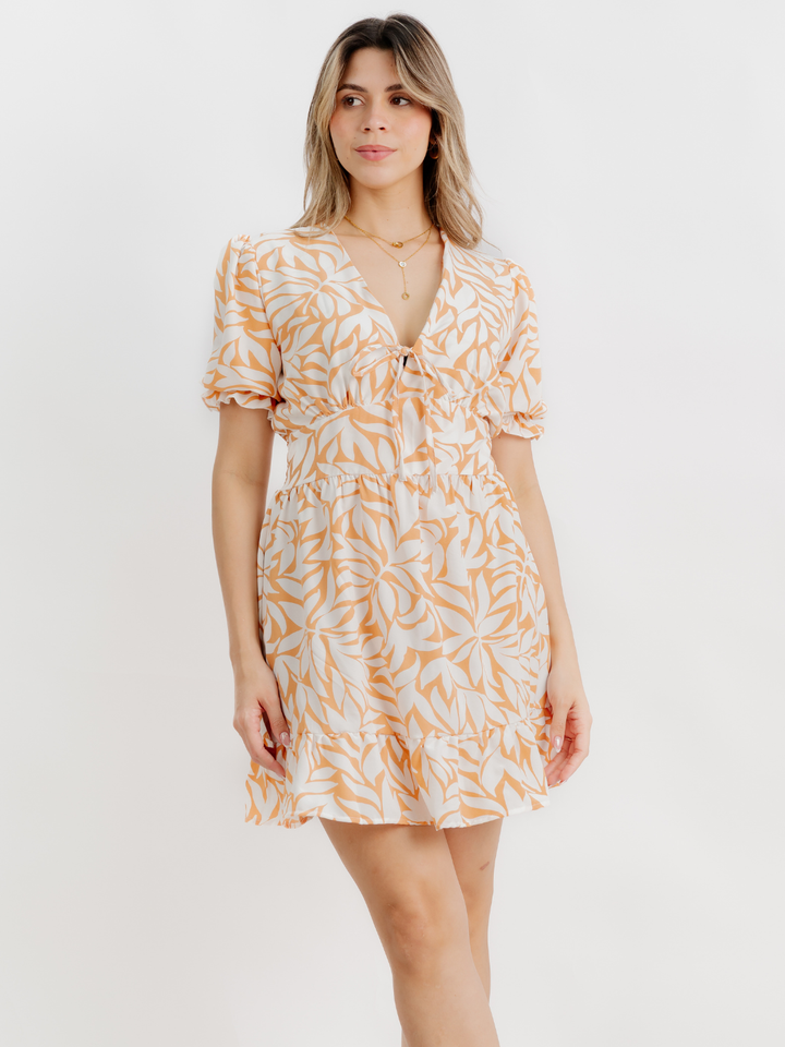 VESTIDO CORTO CON BOBO EN LA FALDA ARIEL DURAZNO