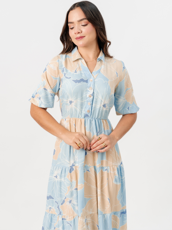 VESTIDO CAMISERO CON FALDA EN TIEMPOS ZAMIRA CIELO FLOREADO