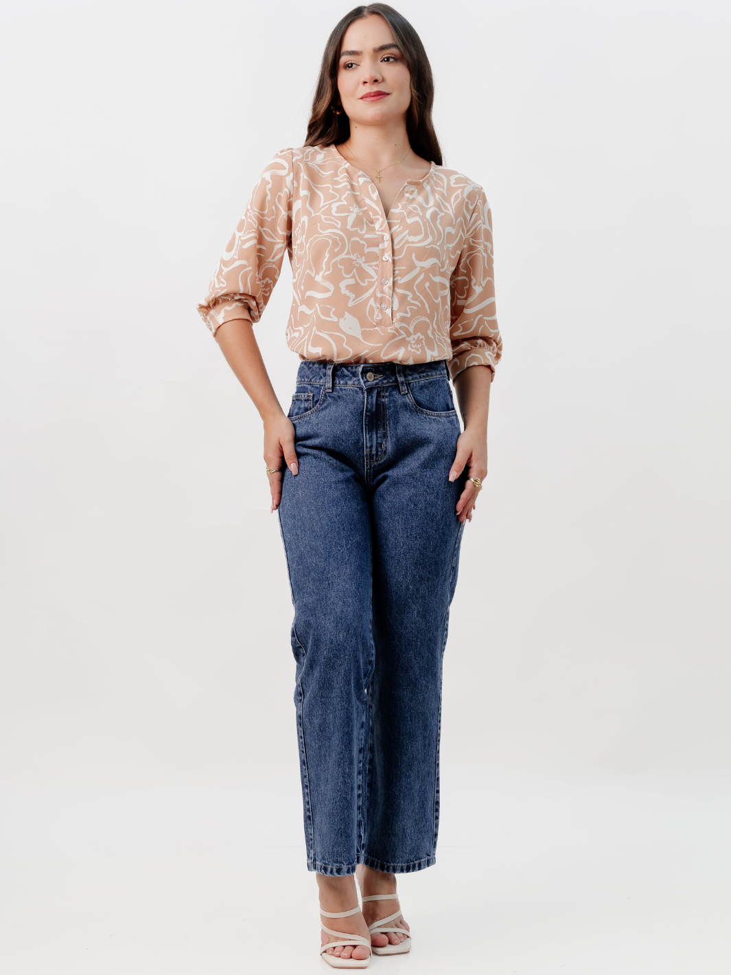 BLUSA MANGA 3/4 CALA BEIGE FLOREADO