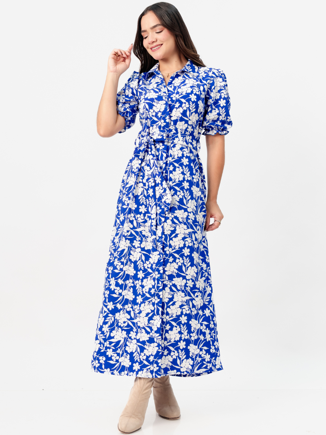 VESTIDO CAMISERO CON CINTURON ASIA AZULINO FLOREADO
