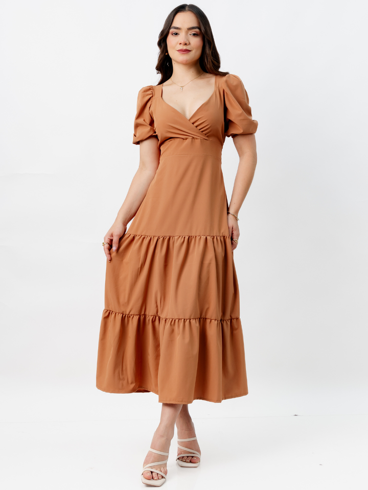VESTIDO CASUAL LARGO CON LAZO TILZA CAMEL