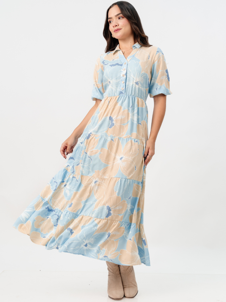 VESTIDO CAMISERO CON FALDA EN TIEMPOS ZAMIRA CIELO FLOREADO