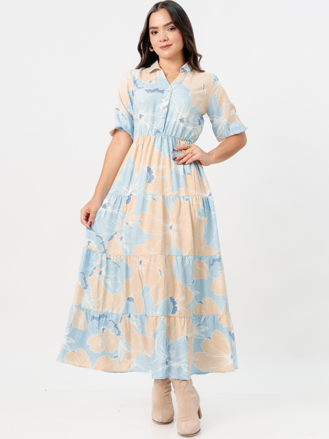 VESTIDO CAMISERO CON FALDA EN TIEMPOS ZAMIRA CIELO FLOREADO