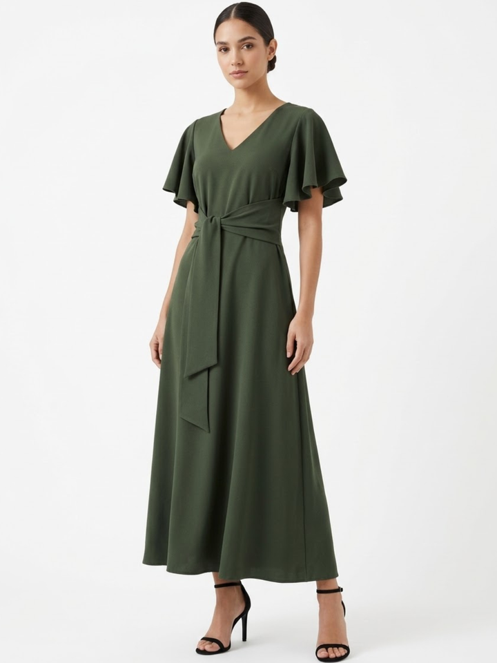 VESTIDO CASUAL CON FALDA EN CORTE A Y LAZO DAFNE VERDE