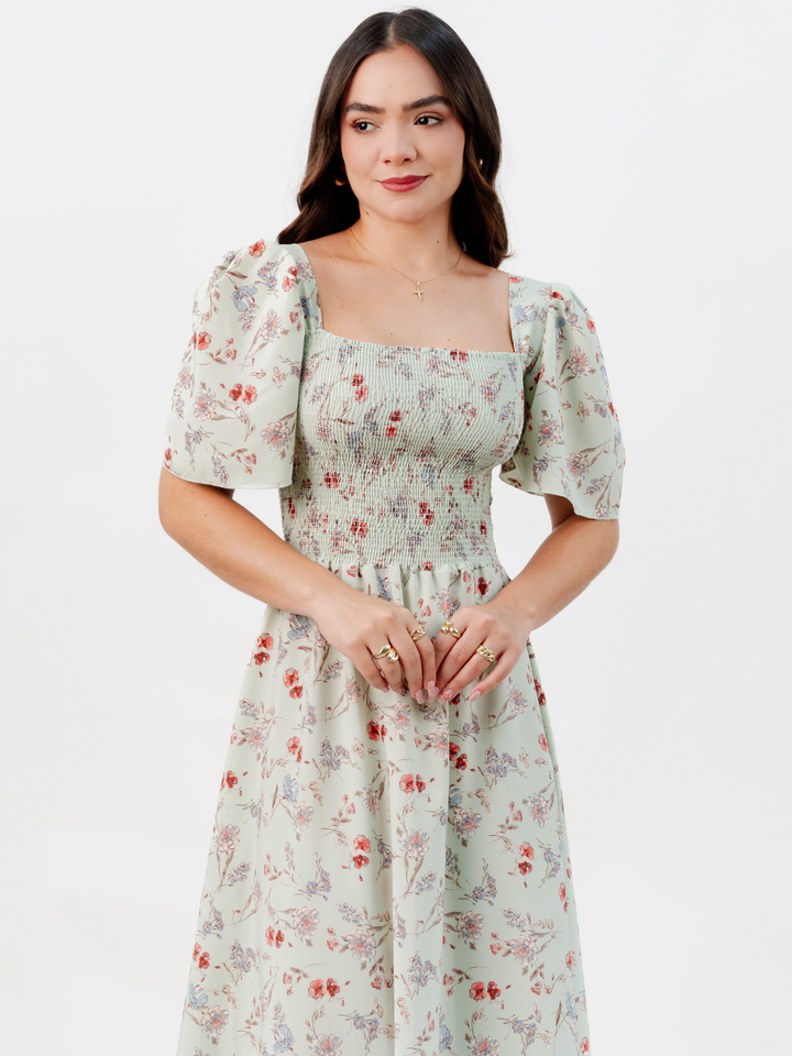 VESTIDO CASUAL LARGO LUCRECIA VERDE FLOREADO