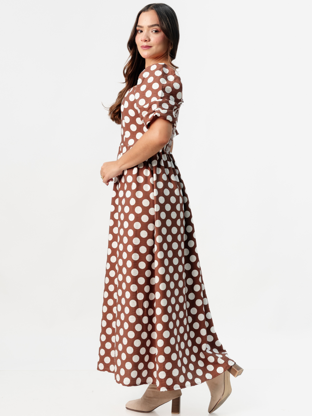 VESTIDO LARGO CON ESCOTE CORAZON FIORELLA CHOCOLATE POLKA DOTS