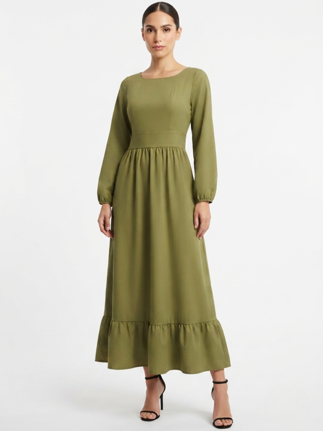 VESTIDO MANGA LARGA CON CUELLO OJAL Y LAZO GIANI VERDE