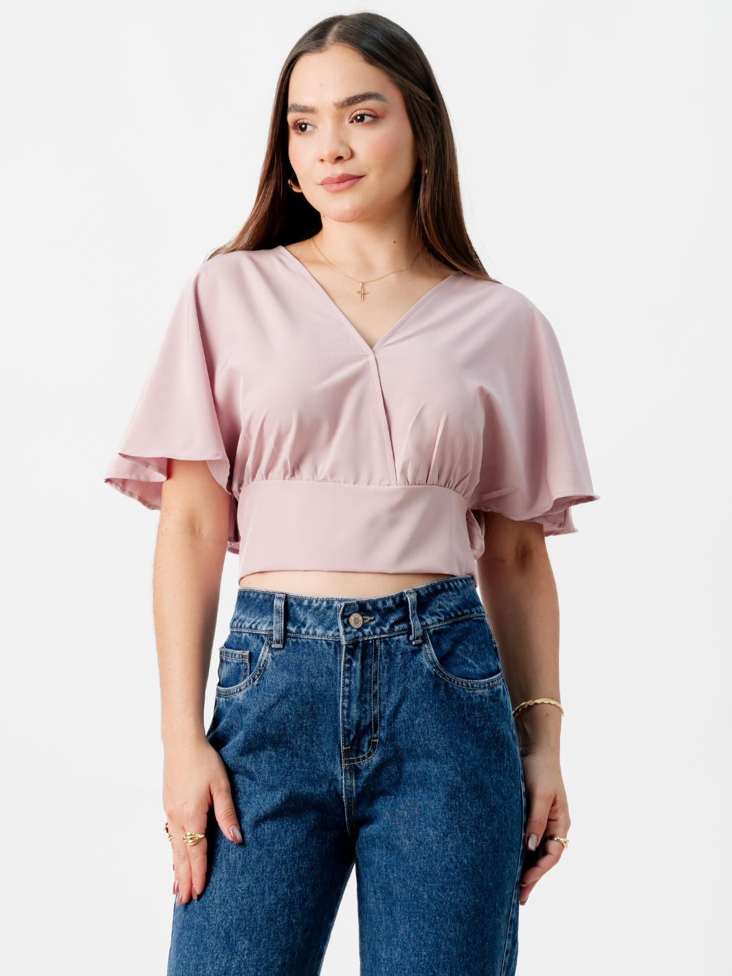 BLUSA CORTA CON MANGAS CON VUELO ROSIE ROSADO