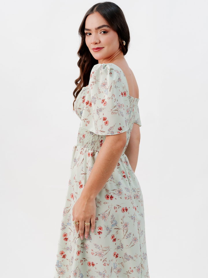 VESTIDO CASUAL LARGO LUCRECIA VERDE FLOREADO