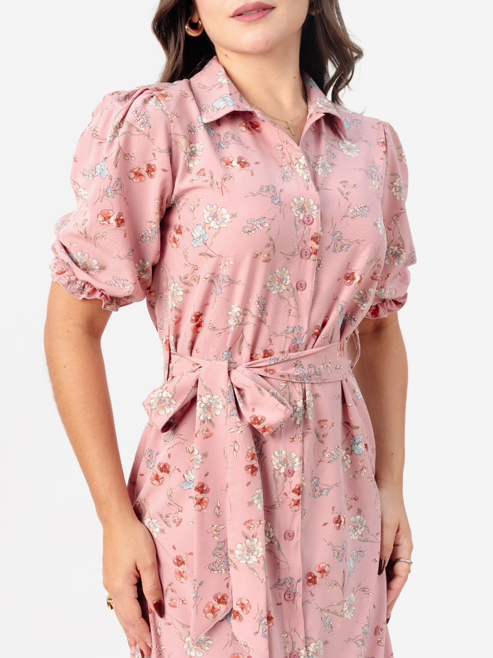 VESTIDO CAMISERO CON CINTURON ASIA ROSA FLOREADO
