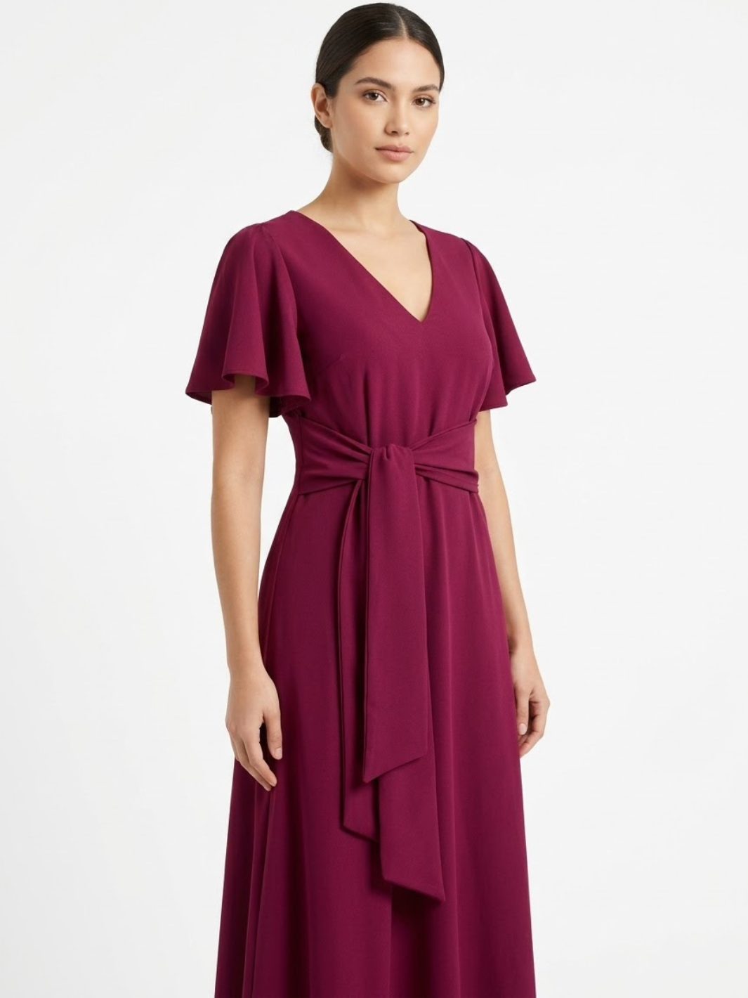 VESTIDO CASUAL CON FALDA EN CORTE A Y LAZO DAFNE VINO