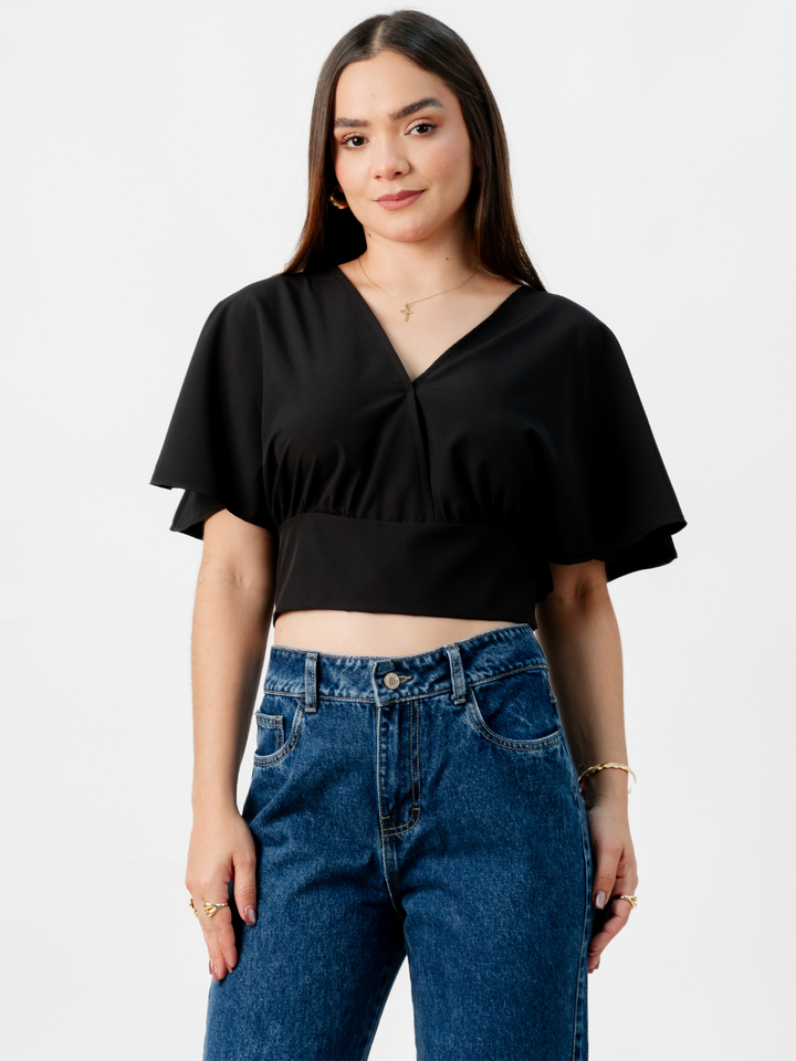 BLUSA CORTA CON MANGAS CON VUELO ROSIE NEGRO