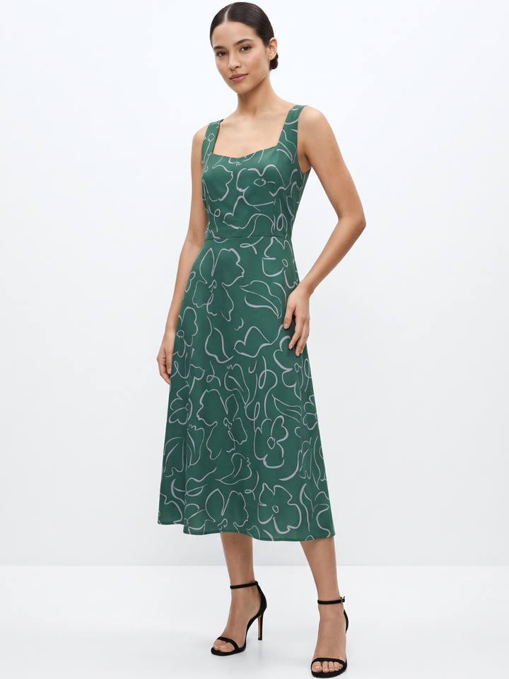 VESTIDO MIDI EN CORTE A SALLY VERDE FLOREADO