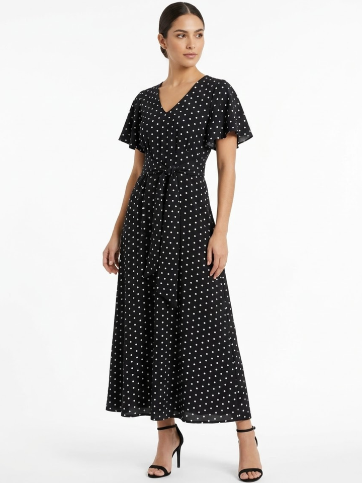 VESTIDO CASUAL CON FALDA EN CORTE A Y LAZO DAFNE NEGRO POLKA DOTS