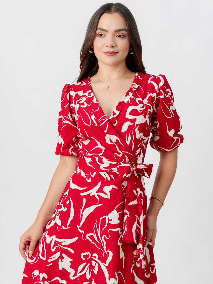 VESTIDO MIDI EN CORTE A CON LAZO SOLEDAD ROJO FLOREADO