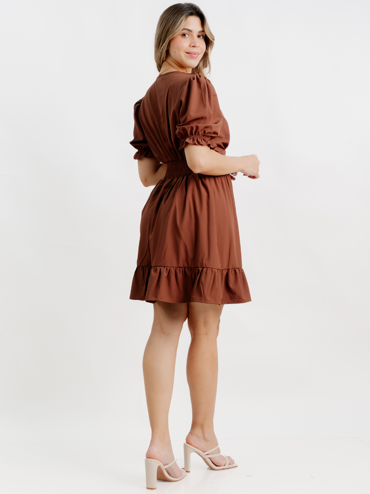 VESTIDO CORTO CON BOBO EN LA FALDA ARIEL MARRON