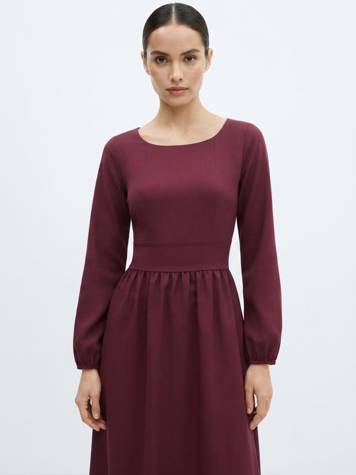 VESTIDO MANGA LARGA CON CUELLO OJAL Y LAZO GIANI VINO
