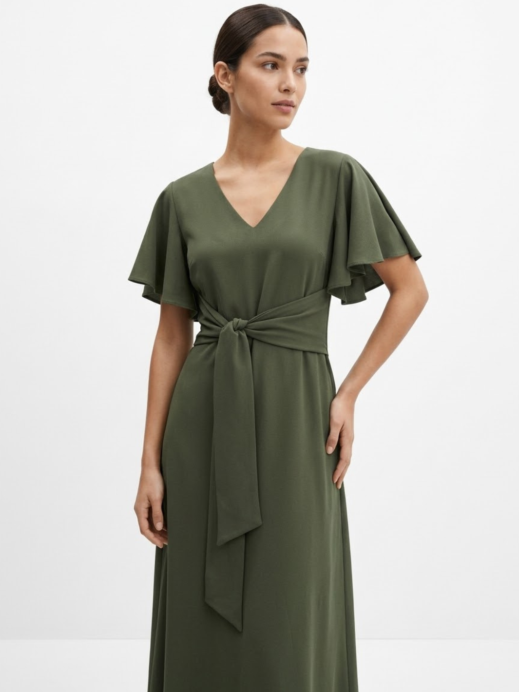VESTIDO CASUAL CON FALDA EN CORTE A Y LAZO DAFNE VERDE