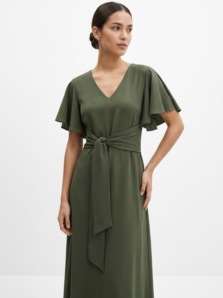 VESTIDO CASUAL CON FALDA EN CORTE A Y LAZO DAFNE VERDE