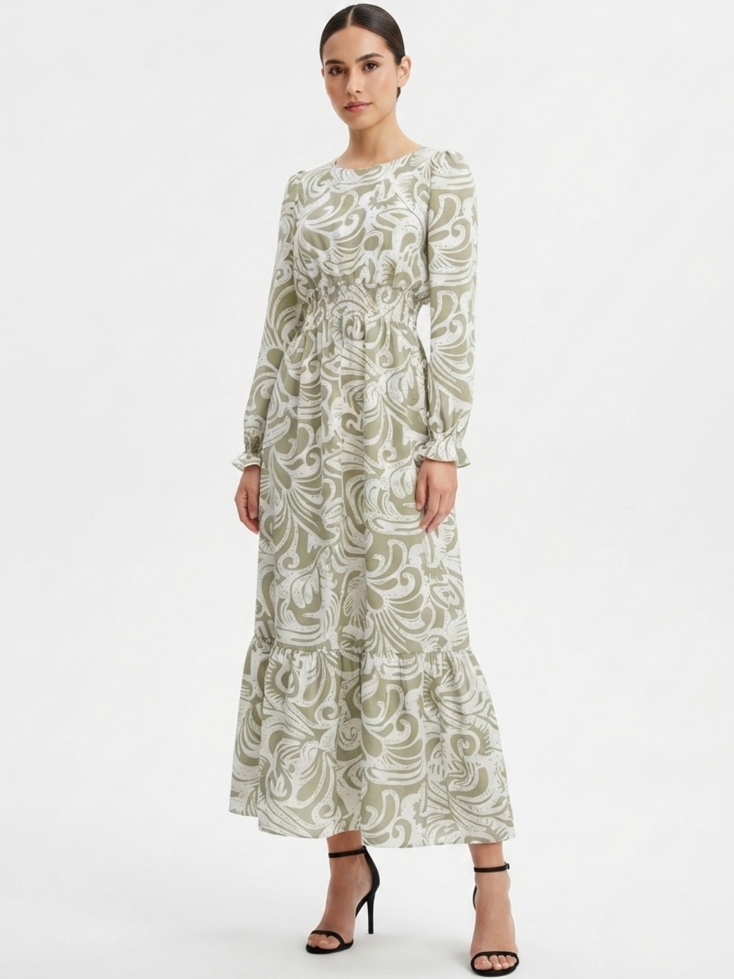 VESTIDO CASUAL MANGA LARGA SUMI VERDE FLOREADO