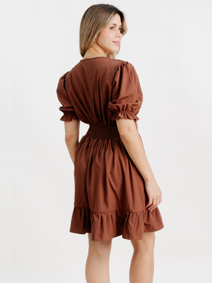 VESTIDO CORTO CON BOBO EN LA FALDA ARIEL MARRON