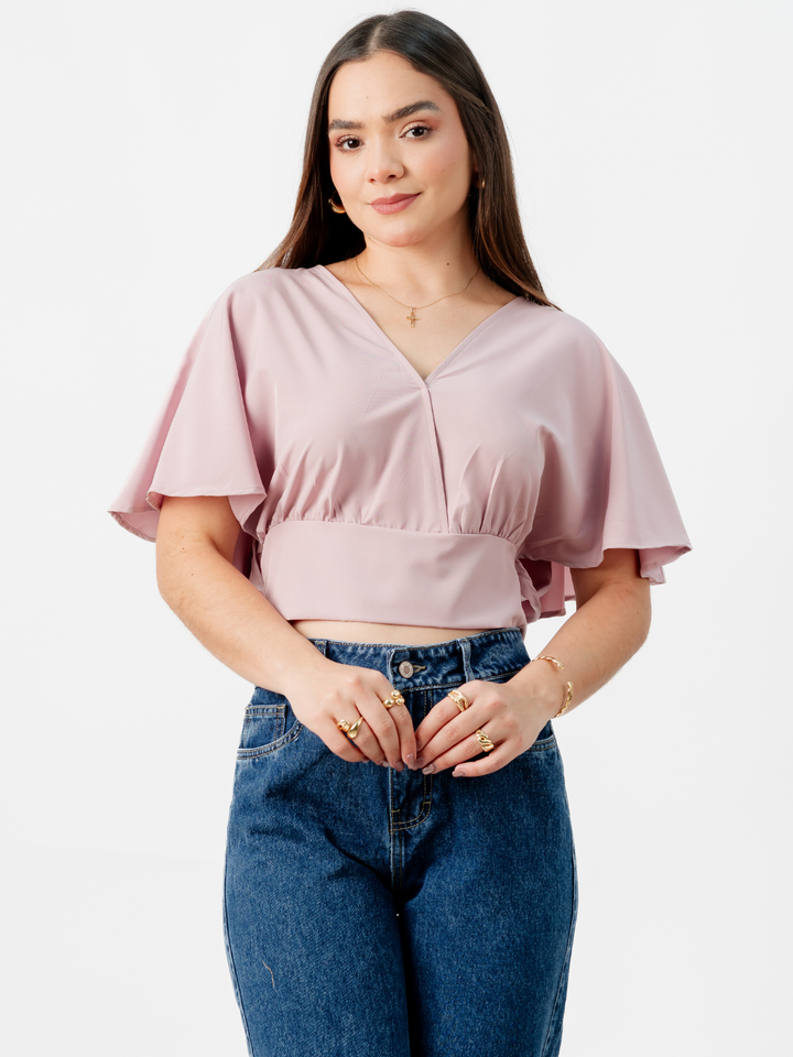 BLUSA CORTA CON MANGAS CON VUELO ROSIE ROSADO