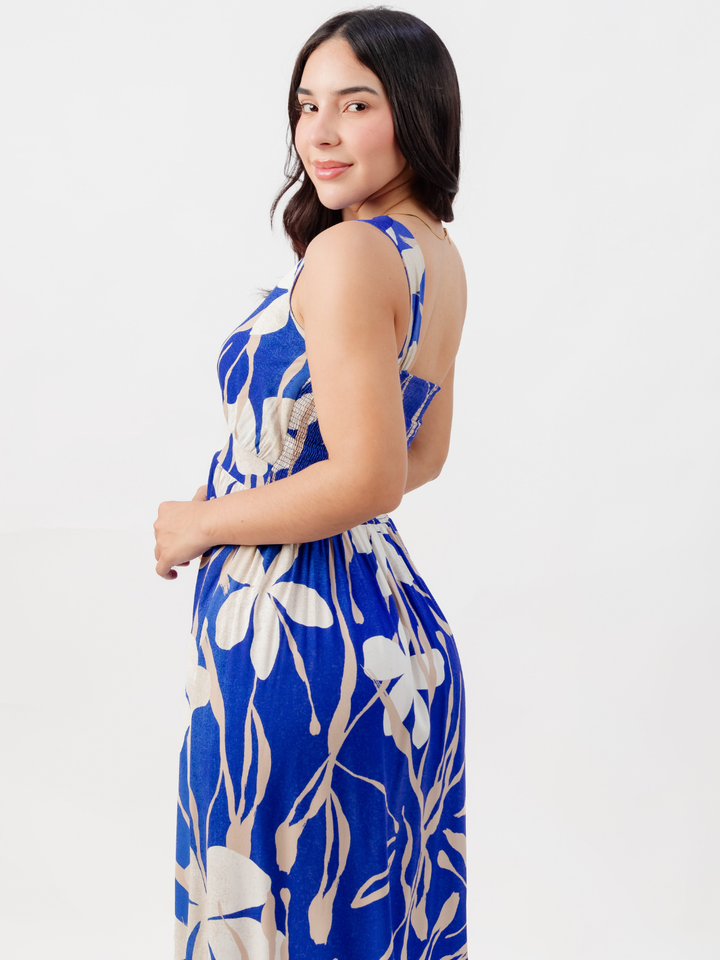 VESTIDO LARGO ASIMETRICO JAZMIN AZUL FLOREADO