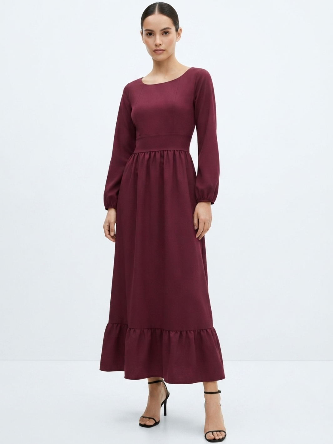 VESTIDO MANGA LARGA CON CUELLO OJAL Y LAZO GIANI VINO