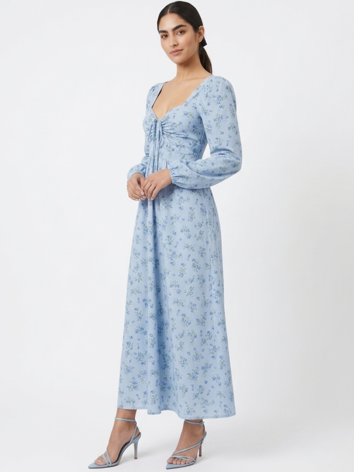 VESTIDO CASUAL LARGO LUNA CELESTE FLOREADO