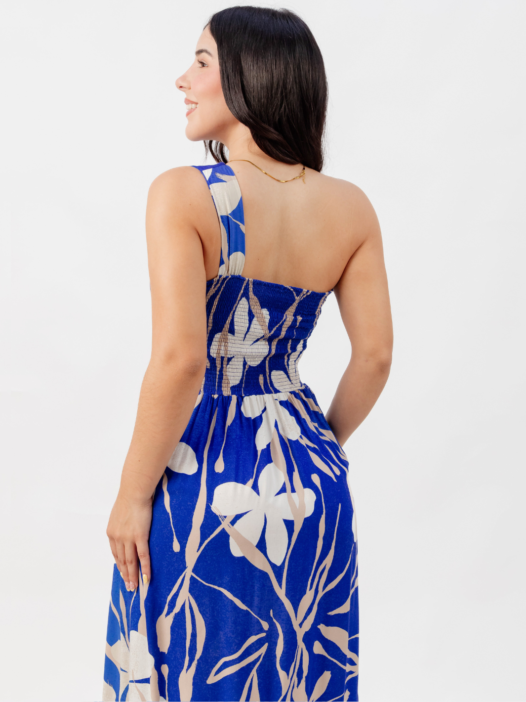 VESTIDO LARGO ASIMETRICO JAZMIN AZUL FLOREADO