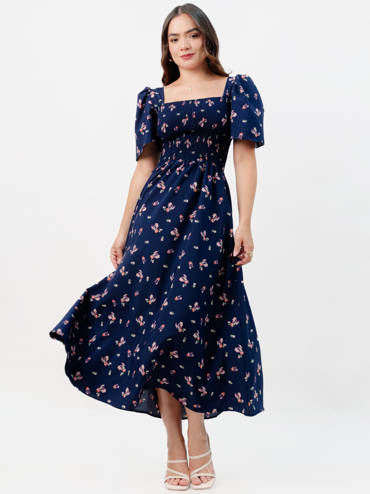 VESTIDO CASUAL LARGO LUCRECIA AZUL FLOREADO