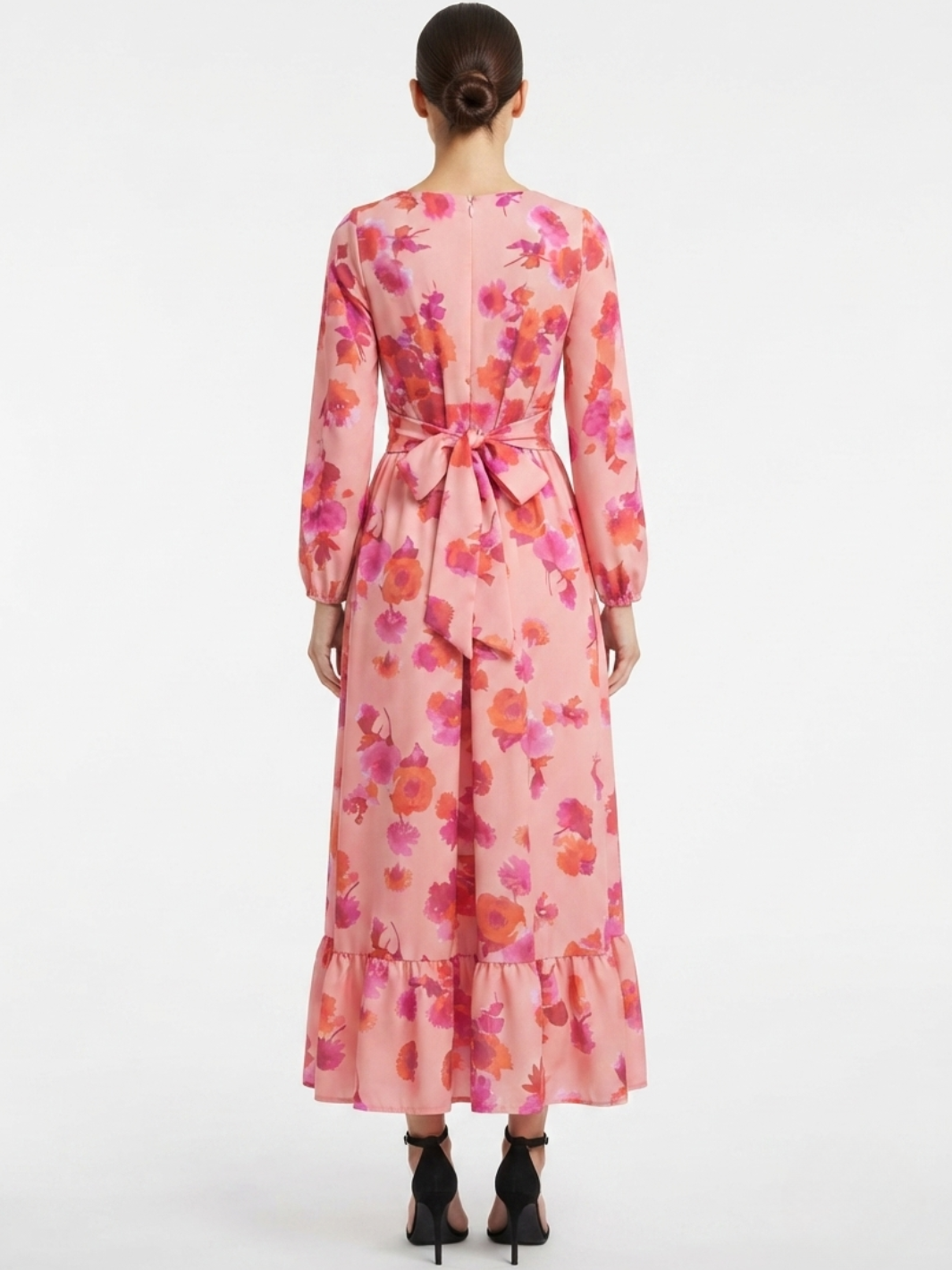 VESTIDO MANGA LARGA CON CUELLO OJAL Y LAZO GIANI ROSA FLOREADO