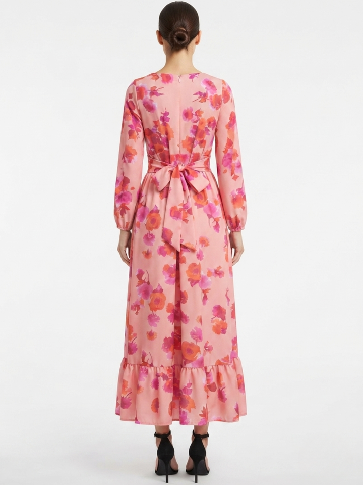 VESTIDO MANGA LARGA CON CUELLO OJAL Y LAZO GIANI ROSA FLOREADO