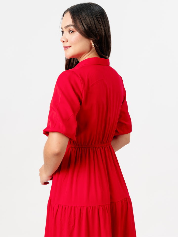 VESTIDO CAMISERO CON FALDA EN TIEMPOS ZAMIRA ROJO