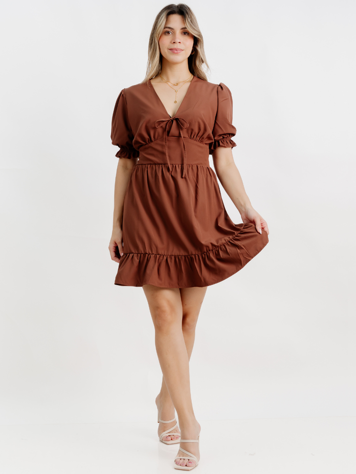VESTIDO CORTO CON BOBO EN LA FALDA ARIEL MARRON