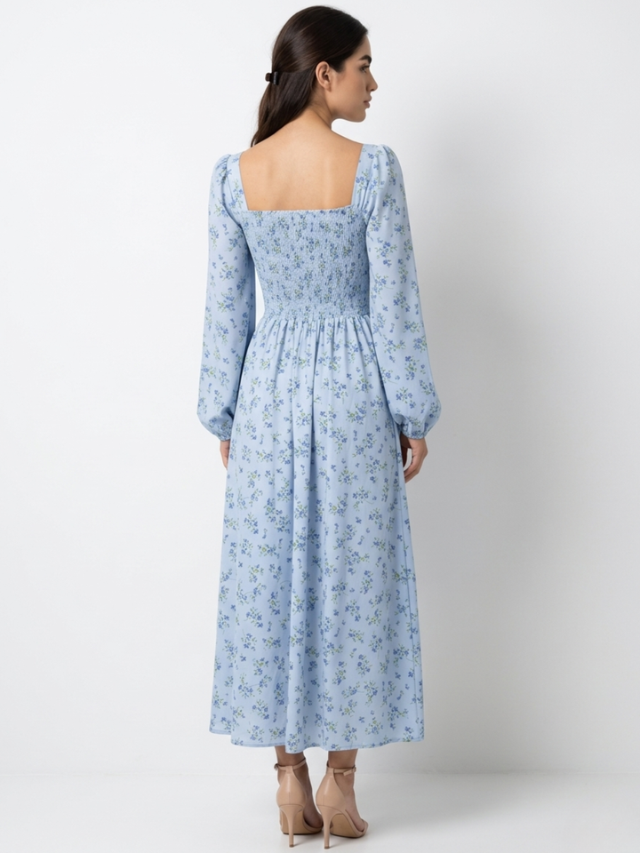 VESTIDO CASUAL LARGO LUNA CELESTE FLOREADO