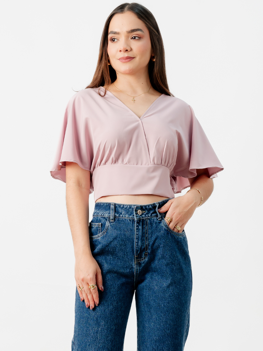 BLUSA CORTA CON MANGAS CON VUELO ROSIE ROSADO