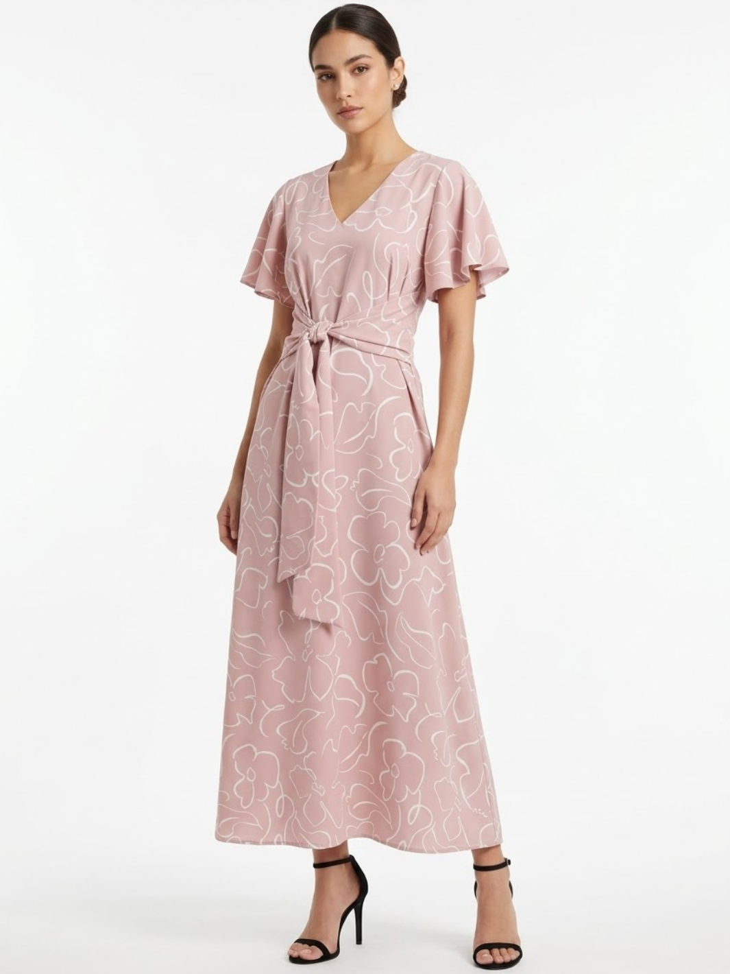 VESTIDO CASUAL CON FALDA EN CORTE A Y LAZO DAFNE ROSA FLOREADO
