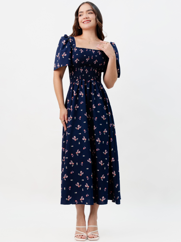 VESTIDO CASUAL LARGO LUCRECIA AZUL FLOREADO