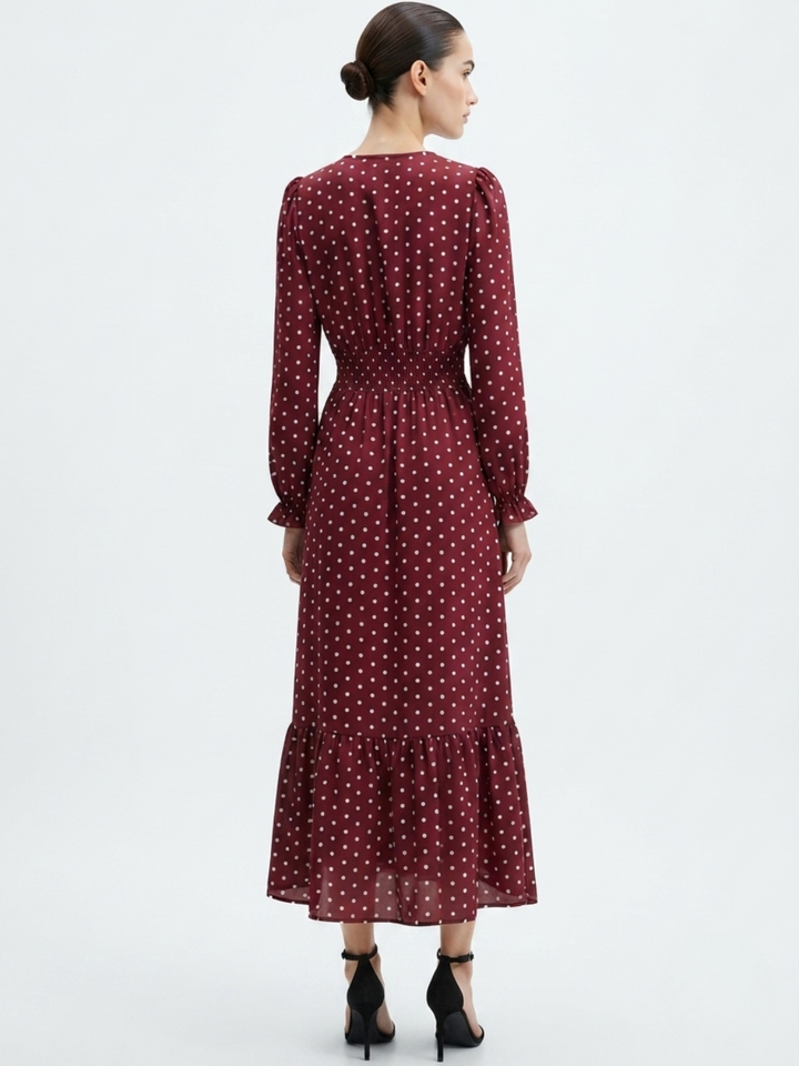 VESTIDO CASUAL MANGA LARGA SUMI VINO POLKA DOTS