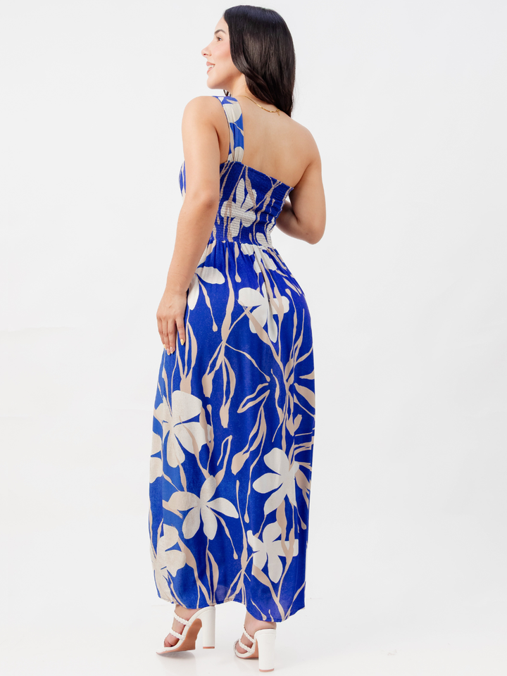 VESTIDO LARGO ASIMETRICO JAZMIN AZUL FLOREADO