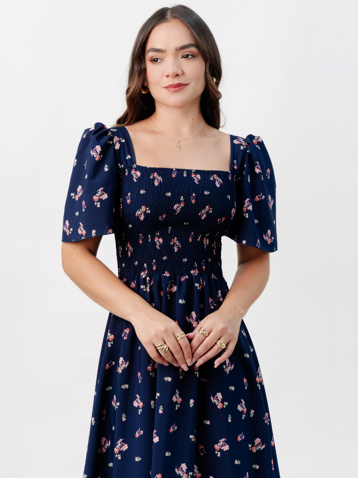 VESTIDO CASUAL LARGO LUCRECIA AZUL FLOREADO