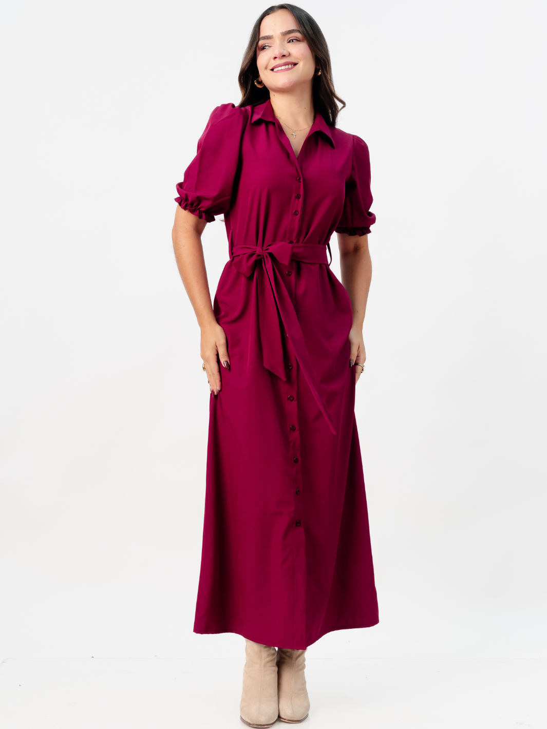 VESTIDO CAMISERO CON CINTURON ASIA VINO