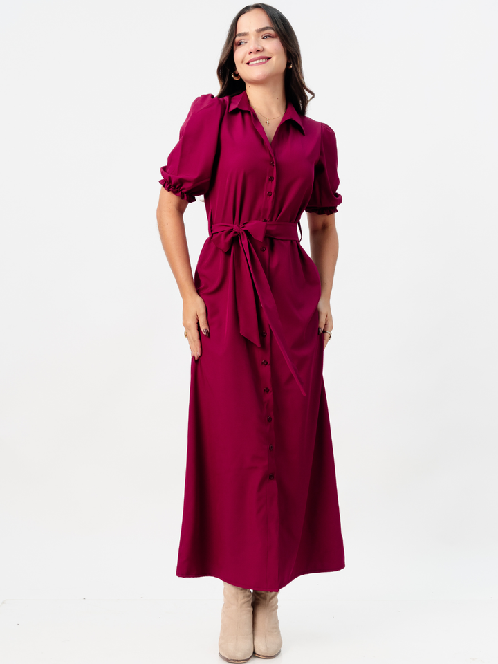 VESTIDO CAMISERO CON CINTURON ASIA VINO