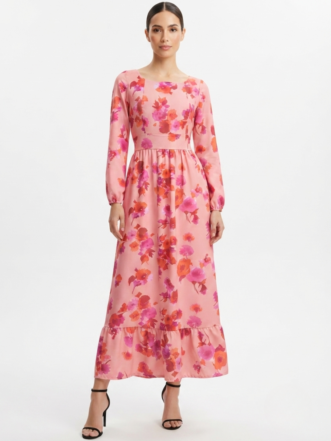 VESTIDO MANGA LARGA CON CUELLO OJAL Y LAZO GIANI ROSA FLOREADO