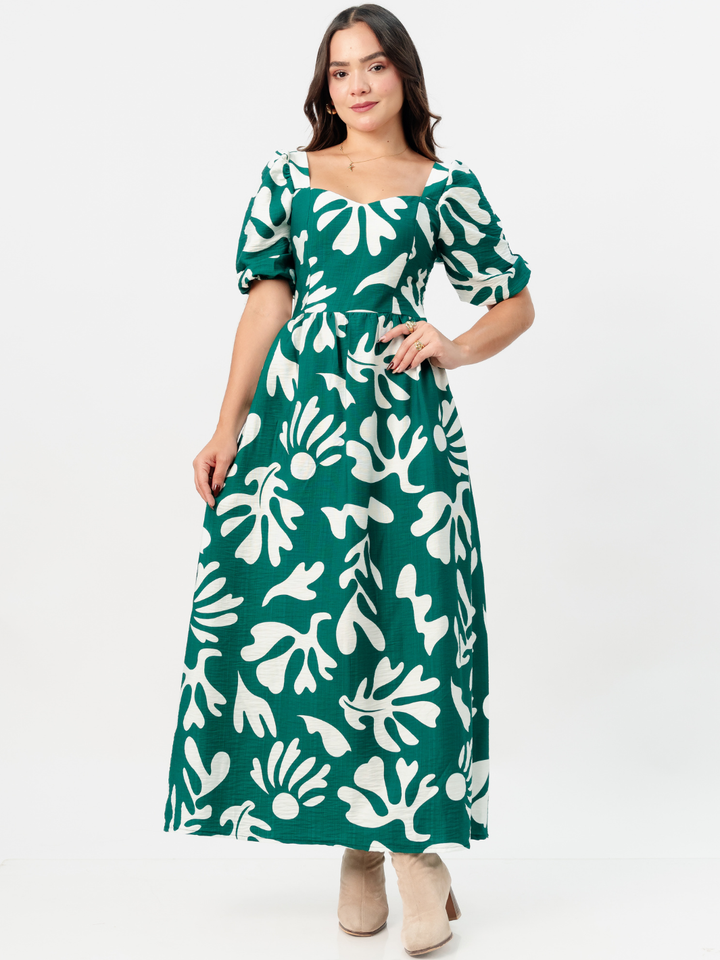 VESTIDO LARGO CON ESCOTE CORAZON FIORELLA VERDE / PERLA