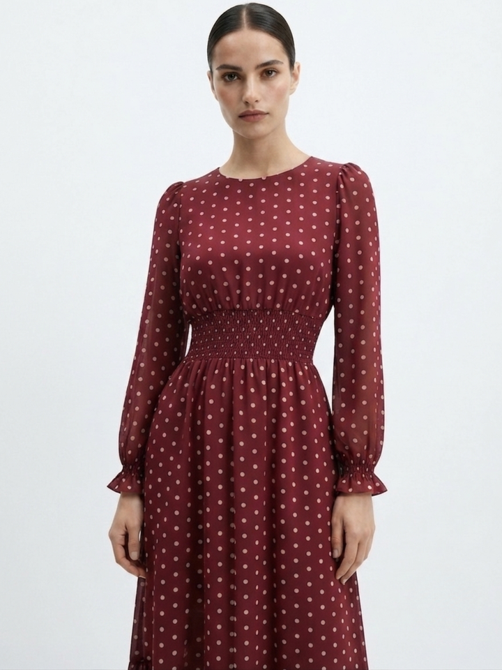 VESTIDO CASUAL MANGA LARGA SUMI VINO POLKA DOTS